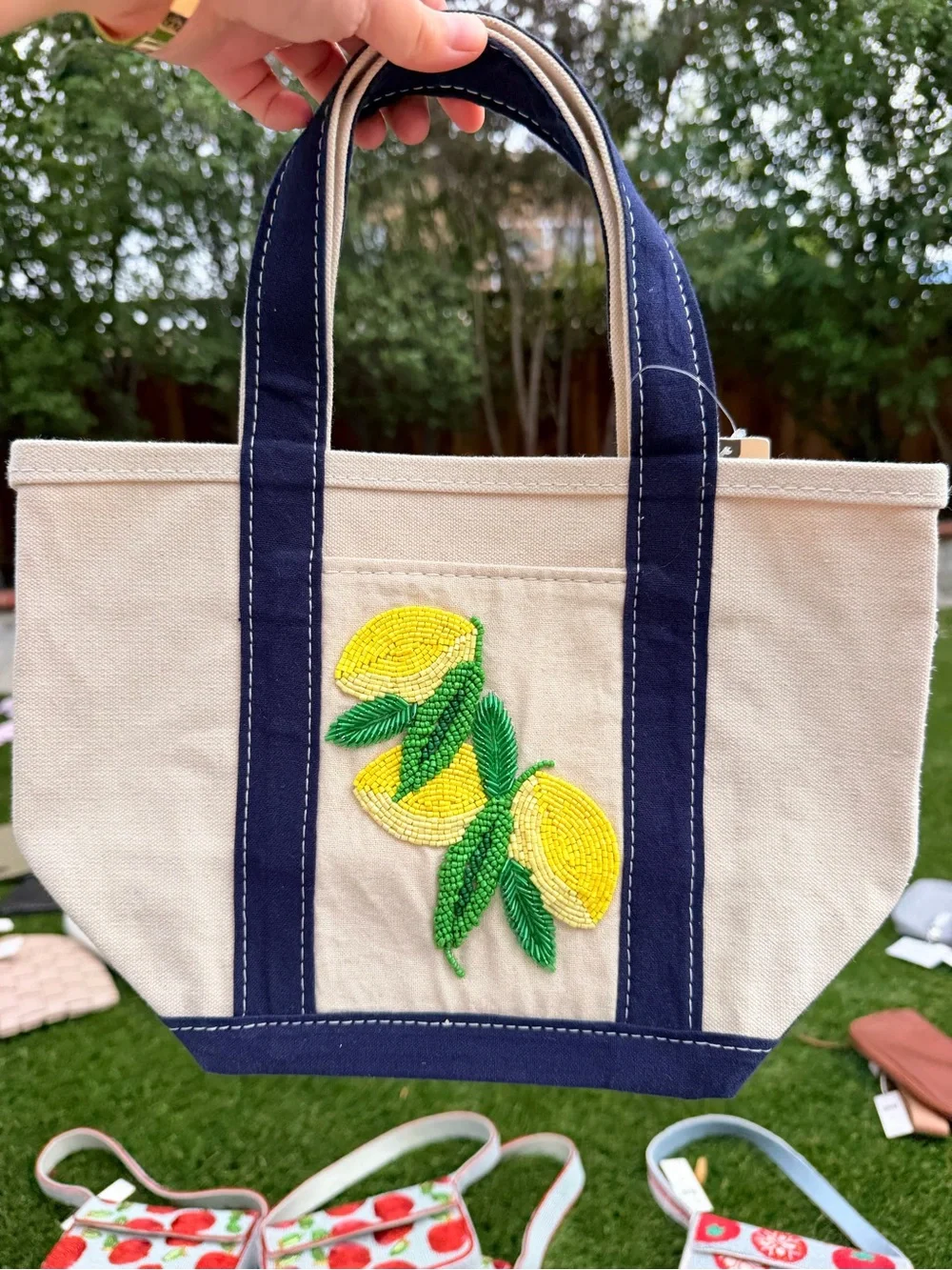 Canvas Tote Bag with Lemon Bead Embroidery - Navy Trim NWT